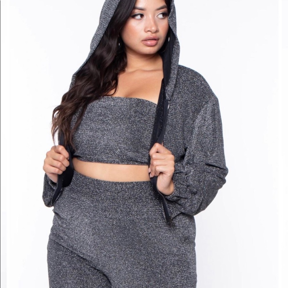 Tube top hooded jacket and flared pants